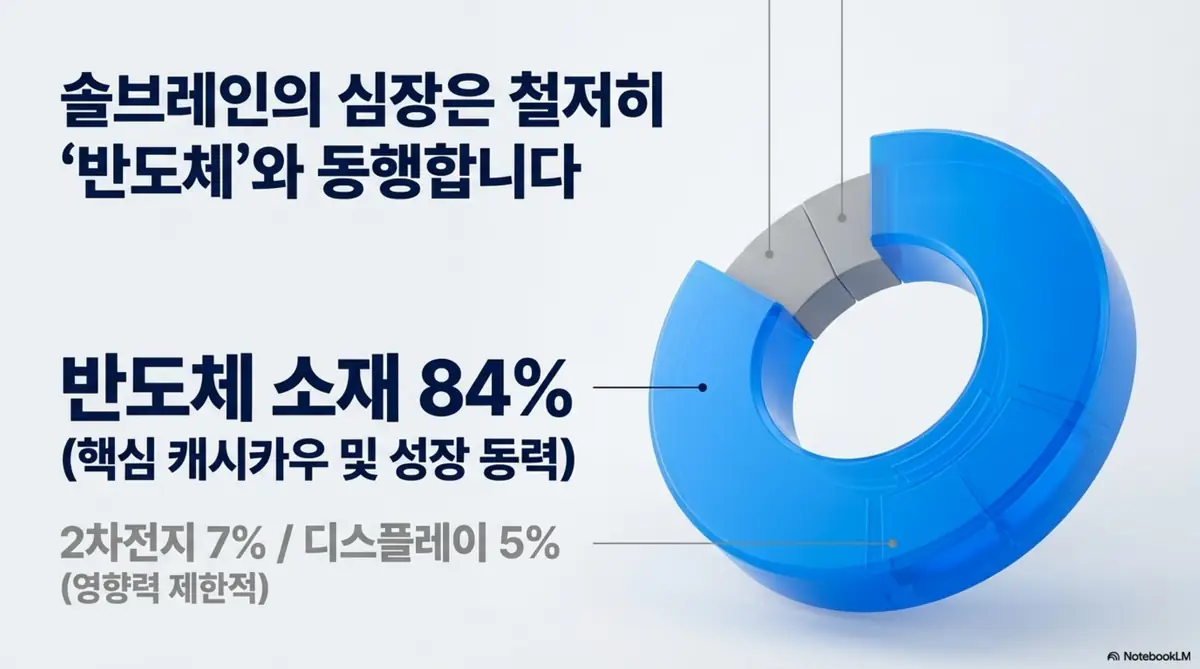 솔브레인 주가 전망: 도넛형 원그래프로 반도체 소재 84%&amp;#44; 2차전지 7%&amp;#44; 디스플레이 5% 비중을 표현한 이미지. 솔브레인 실적이 철저히 반도체와 동행하며 반도체 소재가 핵심 캐시카우이자 성장 동력임을 시각적으로 전달하며&amp;#44; 블로그의 솔브레인 사업 구조 분석과 관련된 내용을 설명함