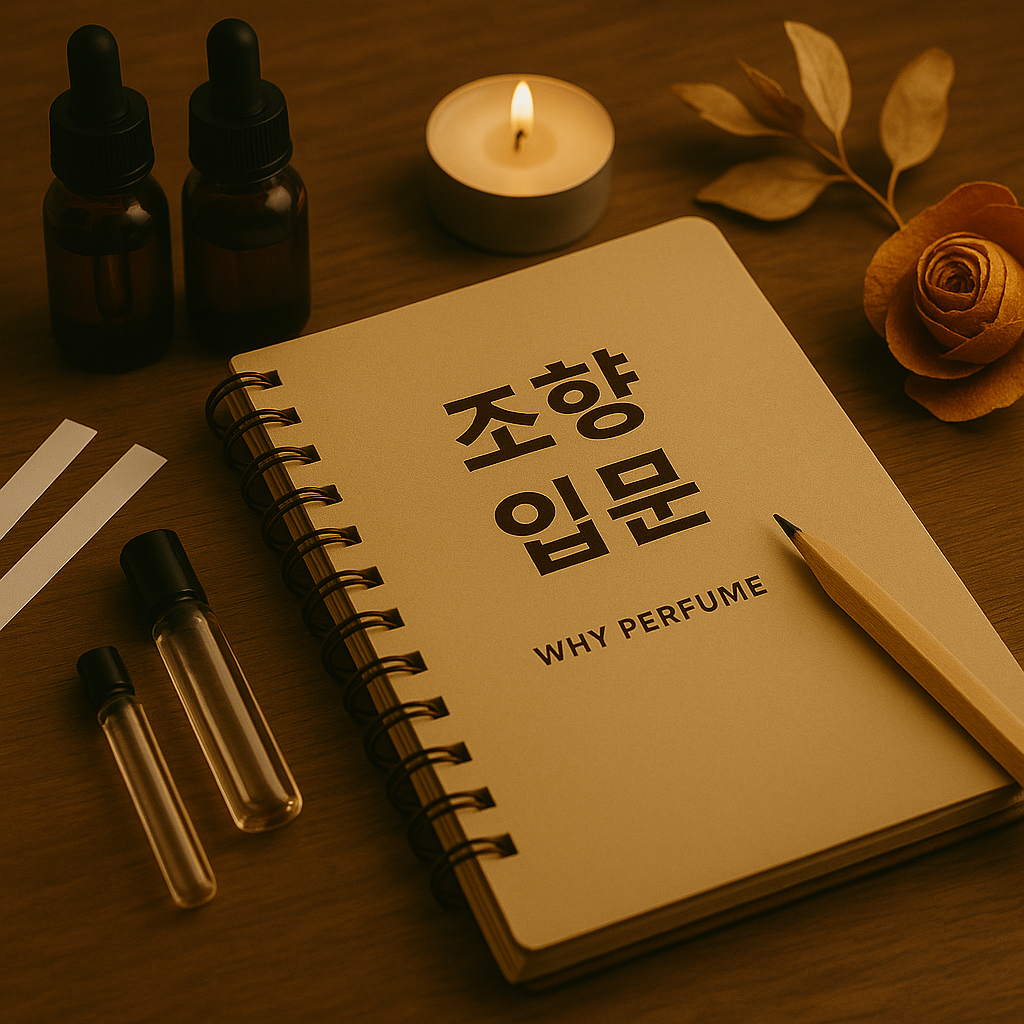 WHY PERFUME 텍스트가 추가된 조향 입문 노트 이미지 &ndash; 따뜻한 조명 아래 조향 도구들과 함께 배치된 감성적인 향수 제작 분위기