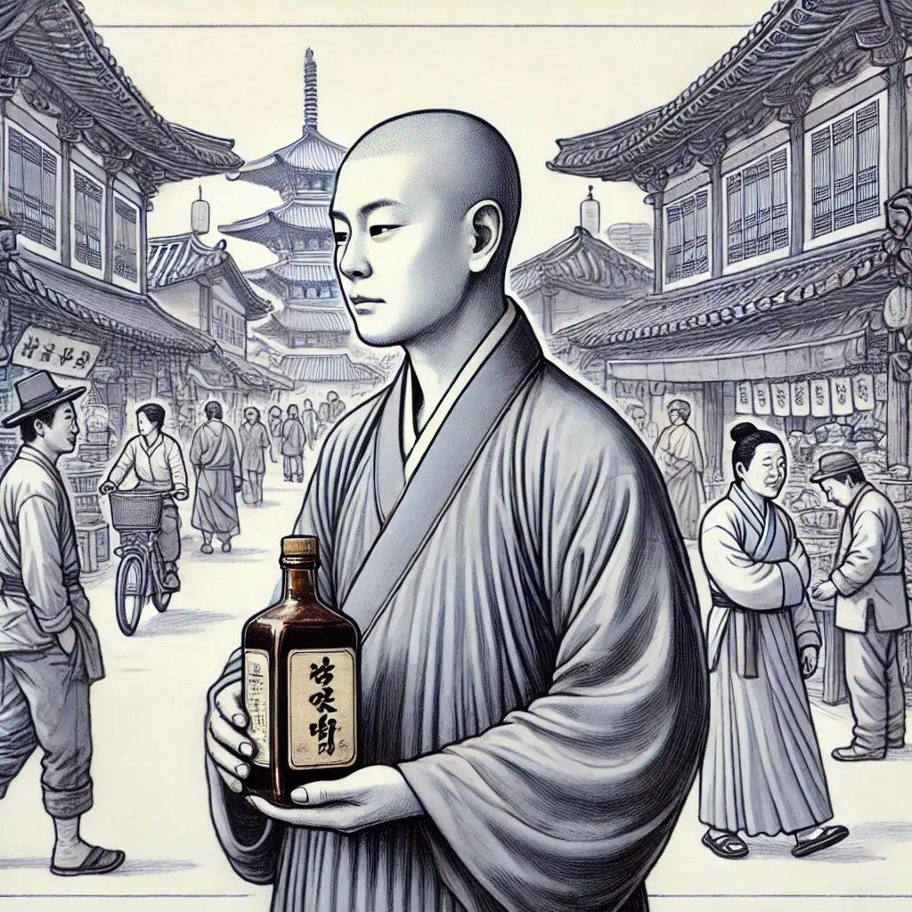 술병을 들고 저잣거리에 서있는 스님