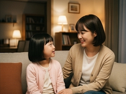 아이와 눈을 맞추고 이야기하는 엄마 모습