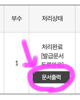 처리 상태 항목에 문서 출력을 클릭하면 운전 경력증명서를 출력할 수 있습니다.