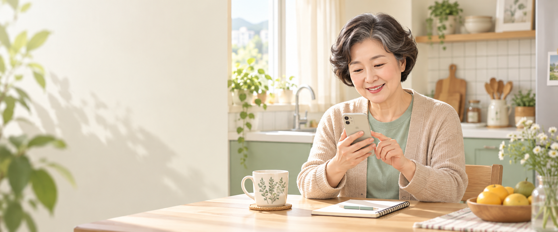 스마트폰으로 건강 정보를 확인하는 중년 여성 일러스트
