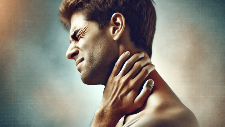 목 뒤를 부여잡고 고통스러운 표정을 짓고 있는 남성