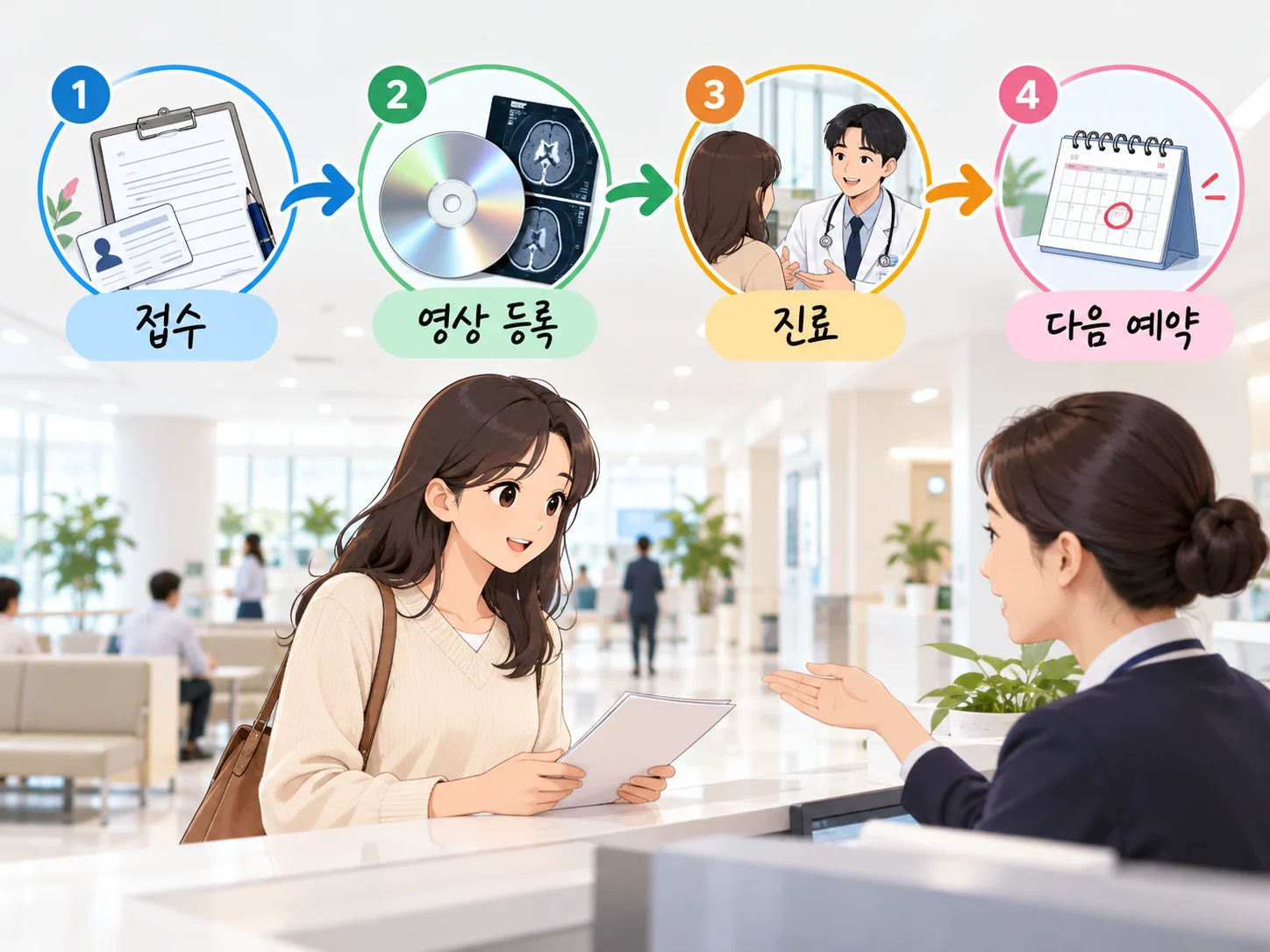 상급종합병원 첫 방문에서 서류 접수, 외부영상 등록, 진료과 도착 확인, 진료 후 예약으로 이어지는 절차 그림