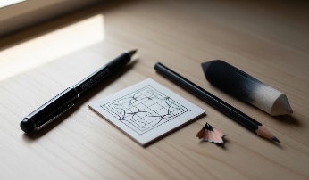 젠탱글 아트를 위한 필수 준비물(얇은 펜, 타일 종이, 연필, 찰필)이 정돈된 모습. 간소한 도구로 시작할 수 있음을 보여준다.