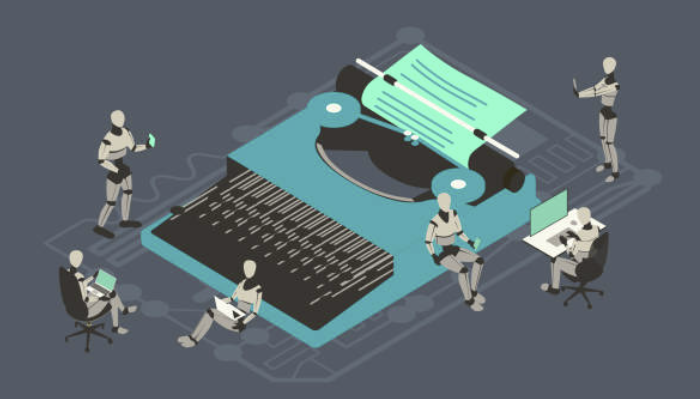 AI 로봇들이 복고풍 타자기에서 협업하며 콘텐츠를 작성하는 생성형 AI 글쓰기 일러스트