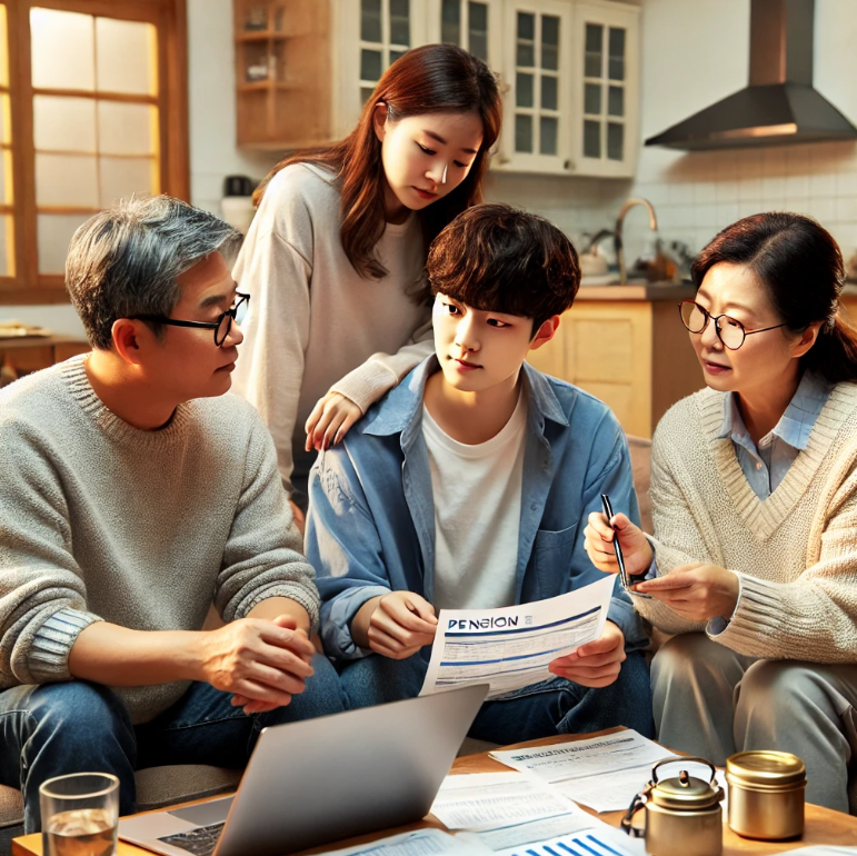가족끼리 연금 혜택을 논의하는 모습