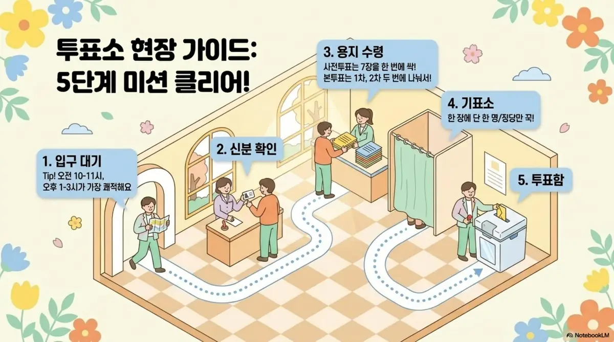지방선거 투표 시간: 투표소 현장 절차 5단계를 아이소메트릭 투표소 내부 일러스트로 보여주는 이미지. 1단계 입구 대기에서 2단계 신분 확인 그리고 3단계 용지 수령과 4단계 기표소에서 기표 후 5단계 투표함 투입까지의 동선이 순서대로 표시되어 있으며 오전 10시에서 11시와 오후 1시에서 3시가 한산하다는 팁이 포함되어 있다 