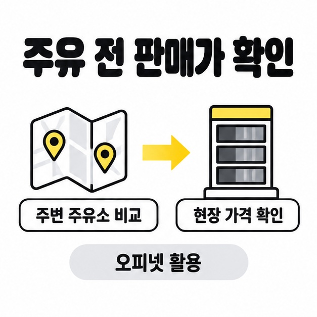 오피넷으로 주변 주유소를 비교한 뒤 현장 가격을 확인하는 순서를 지도와 가격표 그림으로 보여주는 도식