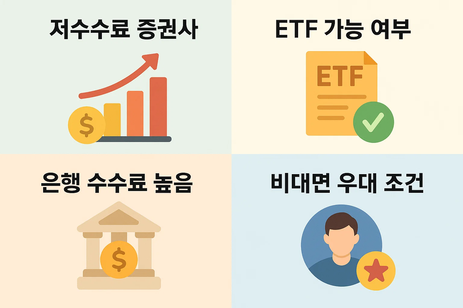 저수수료증권사 ETF가능여부 은행수수료높음 비대면우대조건 등 IRP 금융사 선택에 중요한 기준을 한눈에 보여주는 비교형 정보 알트태그 설명문