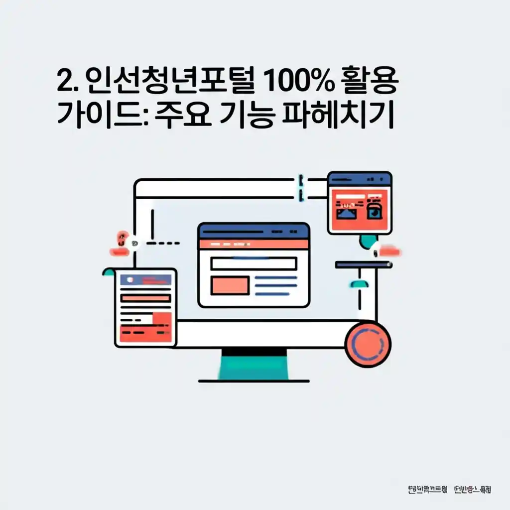 인천청년포털 100% 활용 가이드 주요 기능 화면. 인천유스톡톡 및 청년 지원 정보 메뉴를 명확히 보여줍니다.