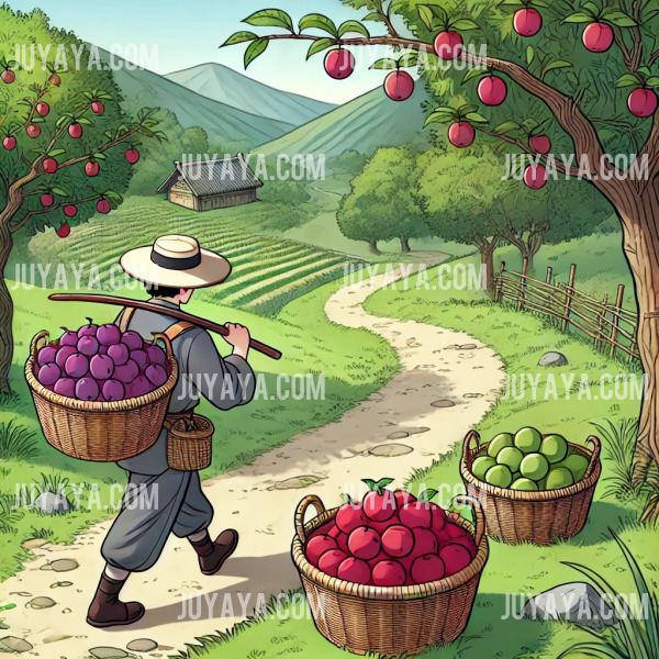 전통 농부가 자두와 능금이 담긴 바구니를 들고 흙길을 걷는 시골 풍경.
