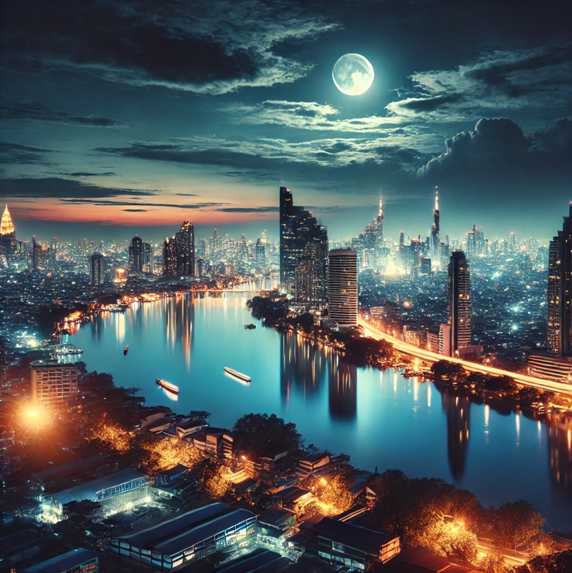 보름달이 떠있고 강과 현대적 도시가 어울어진 야경 이미지