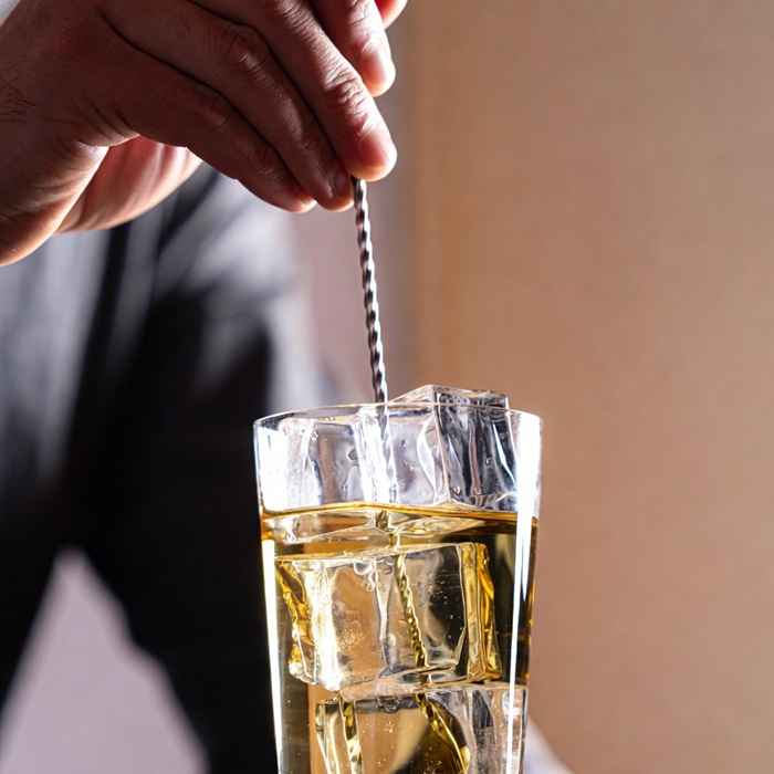 바스푼을 이용해 위스키와 물을 부드럽게 섞는 미즈와리 제조 과정