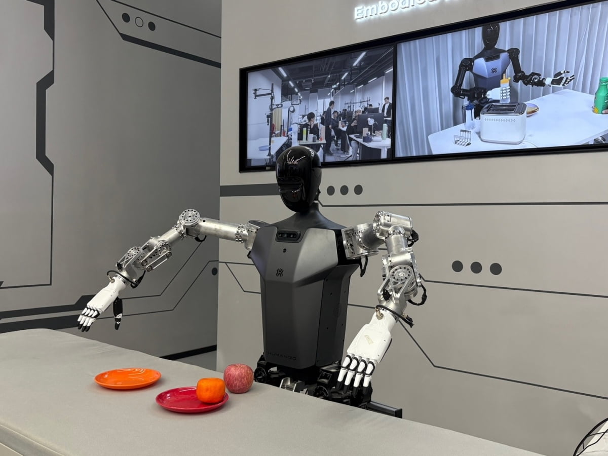 중국 베이징 경제기술개발구 징하이 5로에 위치한 베이징휴머노이드로봇혁신센터에서 로봇이 양손으로 과일을 집어 그릇에 옮기는 연습을 하고 있다.