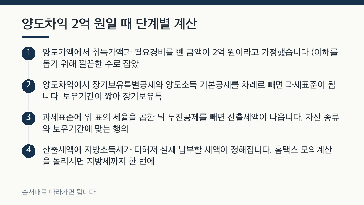 양도차익 2억 원일 때 단계별 계산 단계 정리 그림