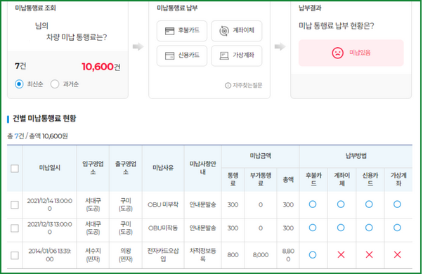 미납 요금 조회 및 납부