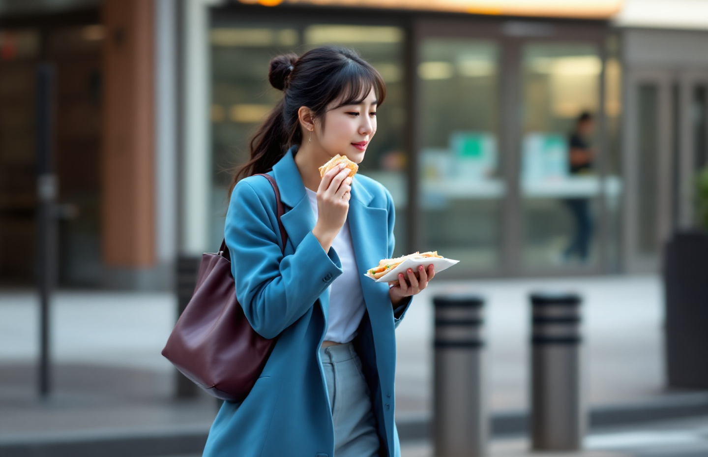 걸어가면서 샌드위치를 먹는 여성