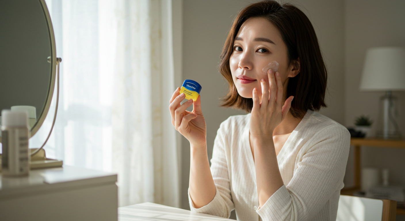 한국 여성이 바세린을 얼굴 피부에 부드럽게 바르는 모습