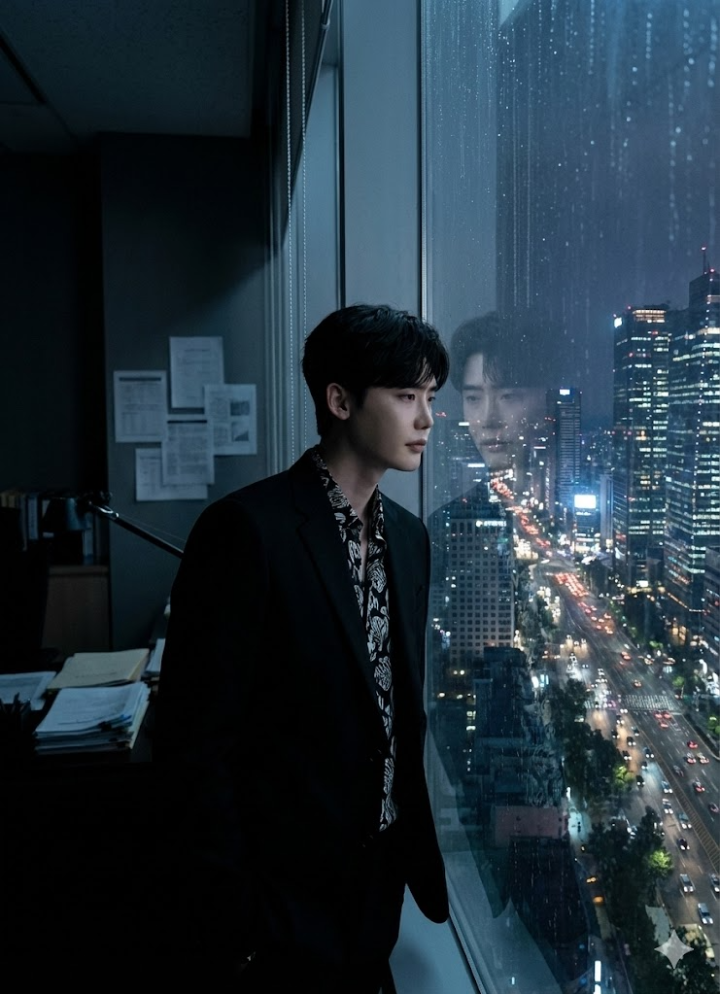 주인공 이종석이 늦은 밤 사무실 창가에 기대어 야경을 바라보는 고독한 스틸컷