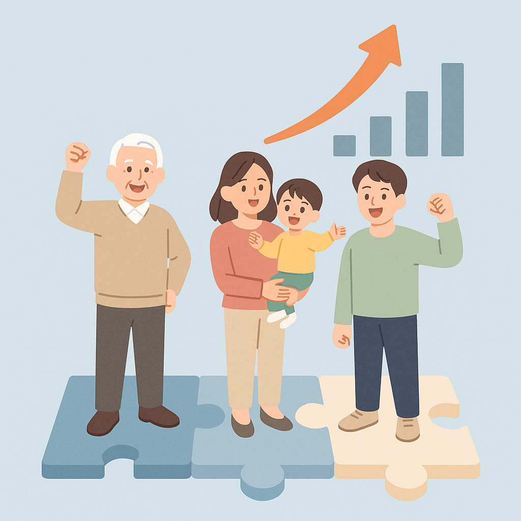 퍼즐 조각 위 세대별 인물이 서 있고, 성장 화살표와 바 차트가 함께 있는 시각화로 ‘대상별 혜택 차등 지급’을 직관적으로 표현한 이미지