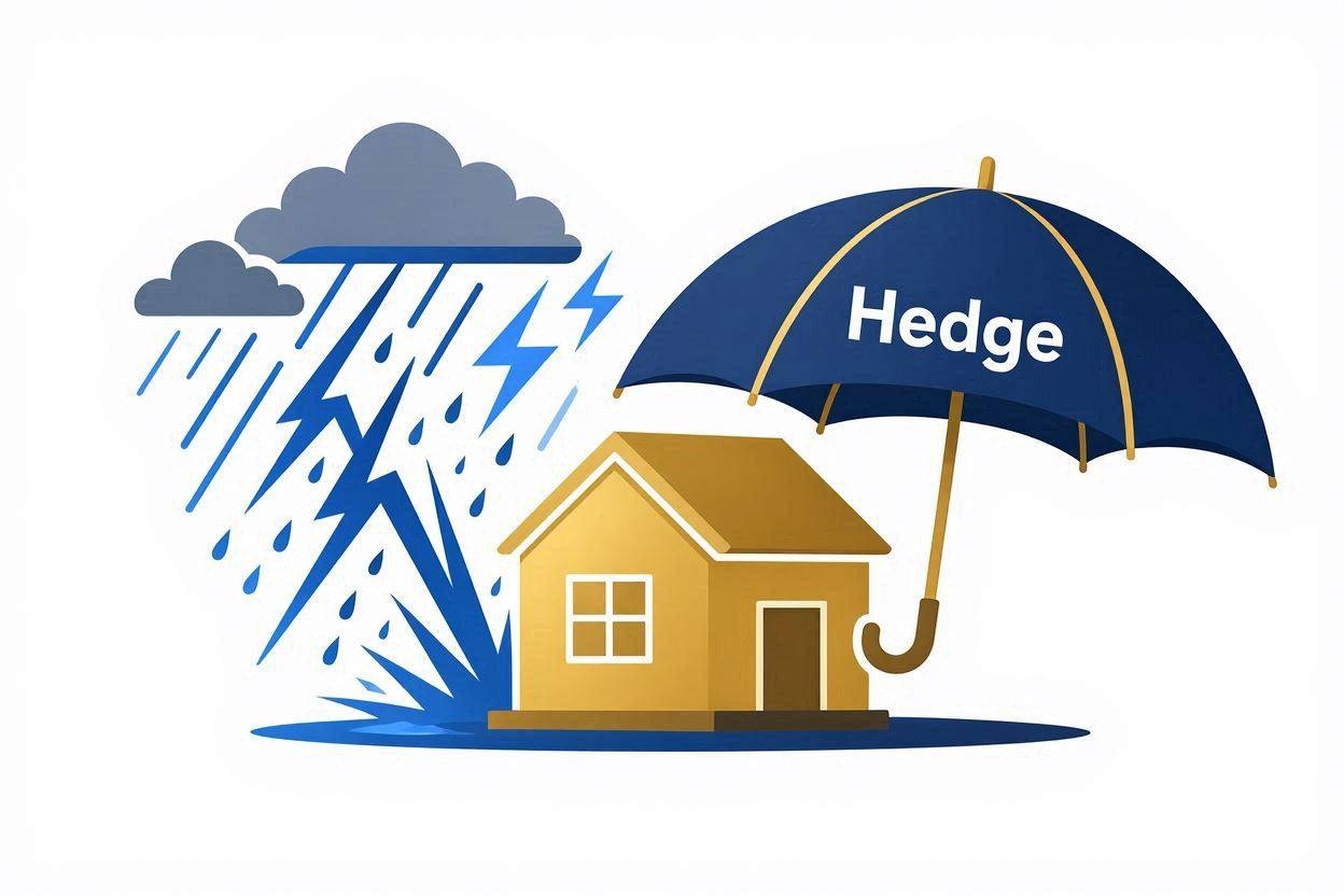 A conceptual illustration of a house being protected from a rainstorm by a symbolic umbrella, representing risk management and hedging strategies in financial markets