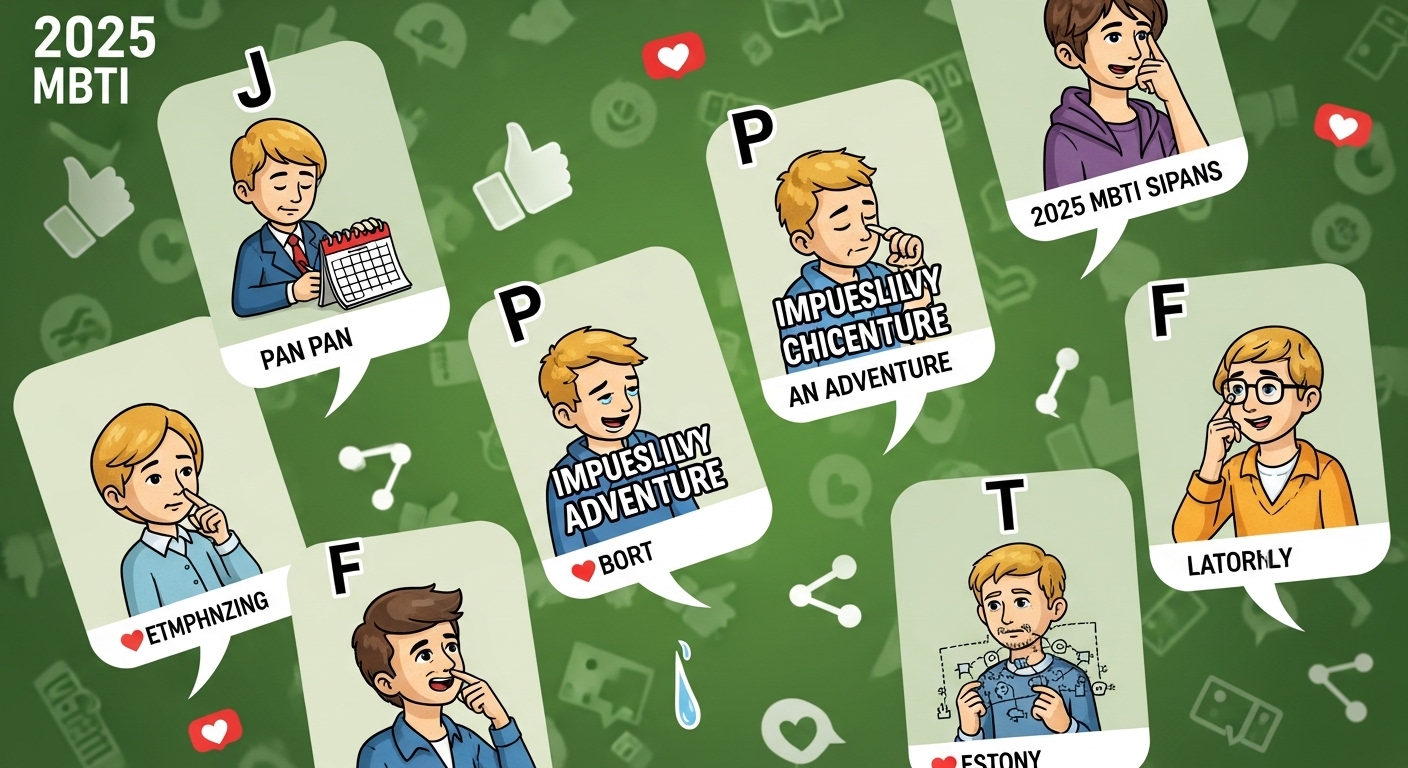 2025년 MBTI 유형별 밈과 신조어를 유머러스하게 표현한 일러스트레이션.