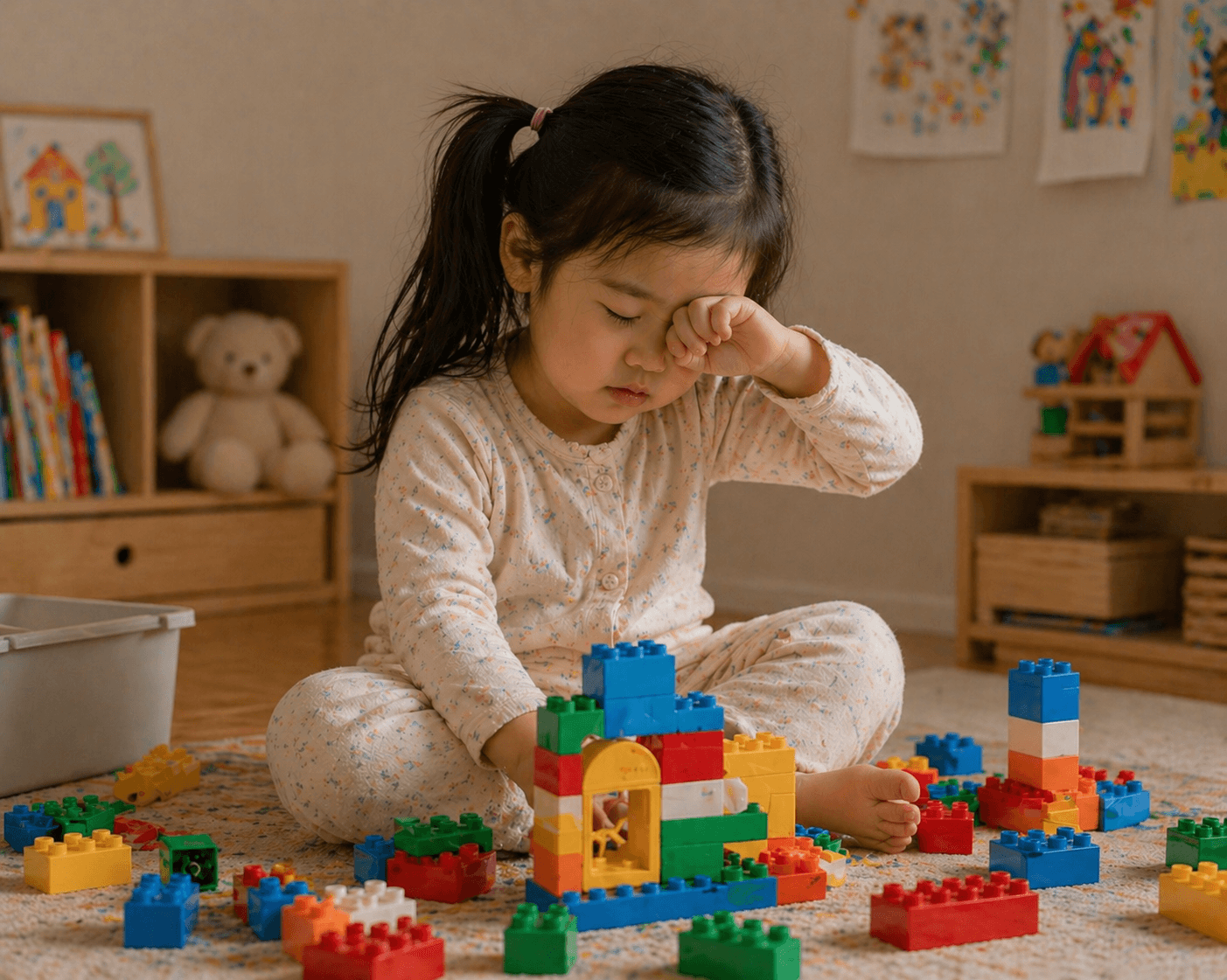 블록 놀이 하다가 졸음 신호로 눈을 비비는 아이