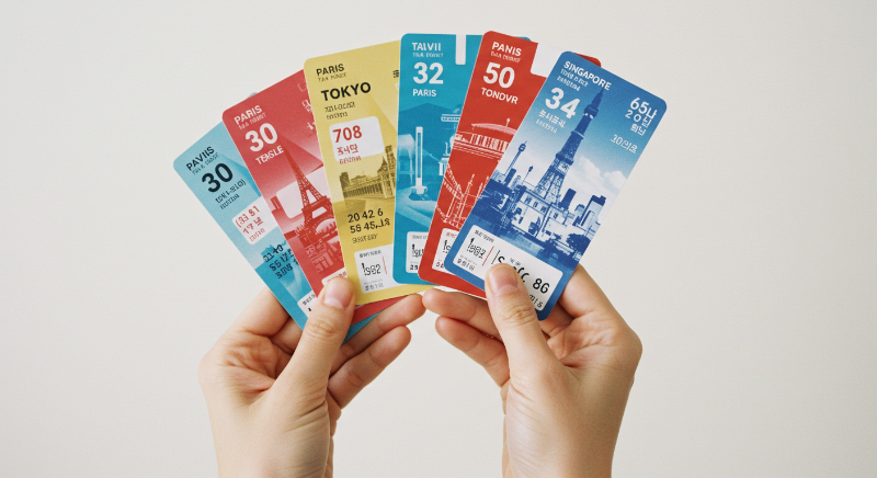 파리, 도쿄, 런던, 싱가포르 등 다양한 도시의 대중교통 패스들을 들고 있는 모습.
