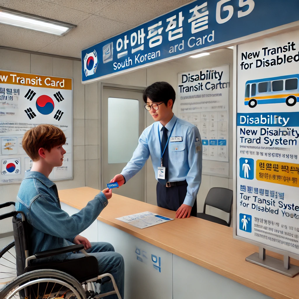 교통카드 발급 센터에서 장애 청소년이 장애인 교통카드를 받는 장면.