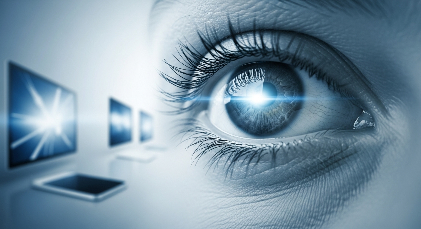 디지털 기기 사용으로 지친 눈이 고려은단 루테인 지아잔틴 아스타잔틴 섭취 후 맑고 편안해진 모습을 시각적으로 표현한 이미지