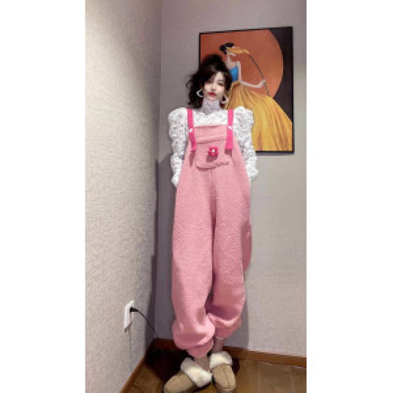 여성 플리스 양털바지 겨울멜빵바지 핑크멜빵 뽀글이