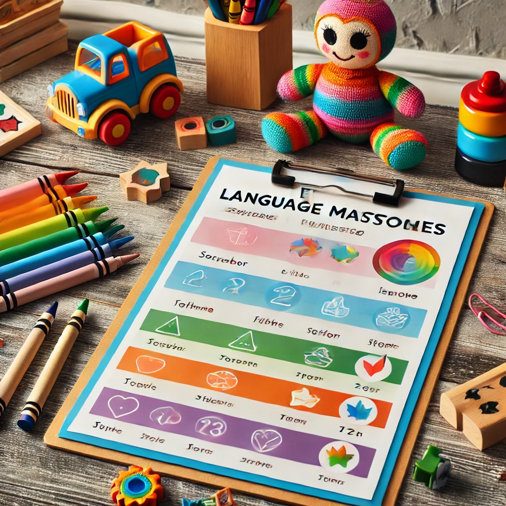 아기자기한 색상의 유아 언어 발달 체크리스트가 책상 위에 놓인 모습