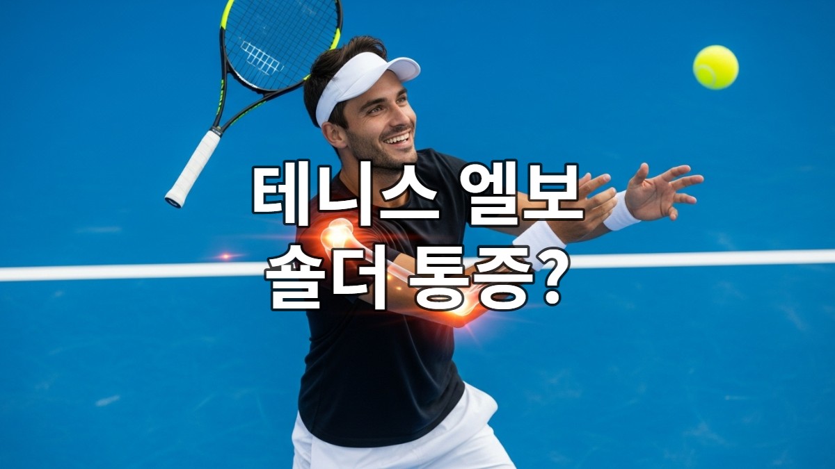 2025년 테니스 코트에서 건강하게 테니스를 즐기는 활기찬 생활체육인의 모습. 팔꿈치와 어깨 부위가 건강하게 빛나고 있습니다.