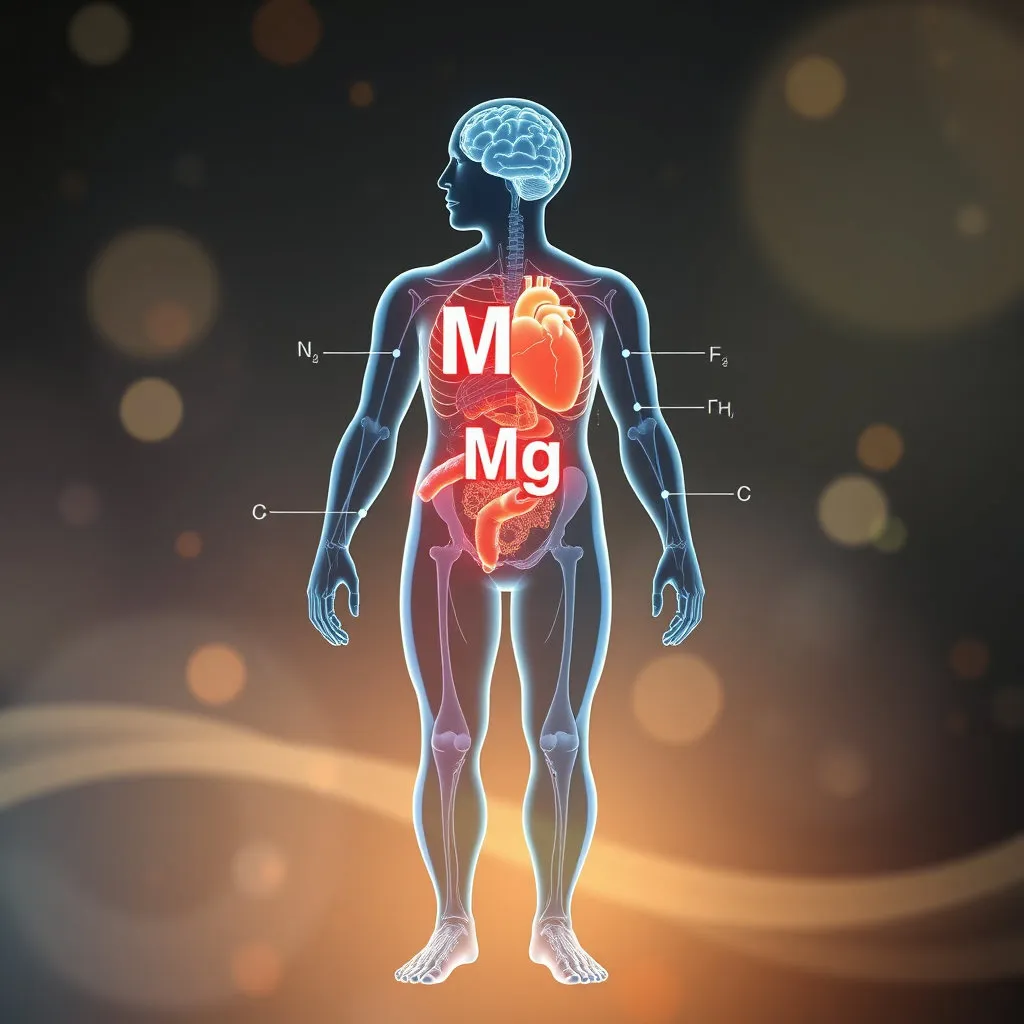인체의 투명한 실루엣이 있고, 그 안의 뇌, 심장, 근육, 뼈 등 주요 장기들이 마그네슘(Mg) 기호와 연결되어 반짝이는 모습입니다. 몸속에서 마그네슘이 다양한 역할을 한다는 것을 직관적으로 보여주며, 배경은 과학적이면서도 부드러운 느낌으로 표현합니다.