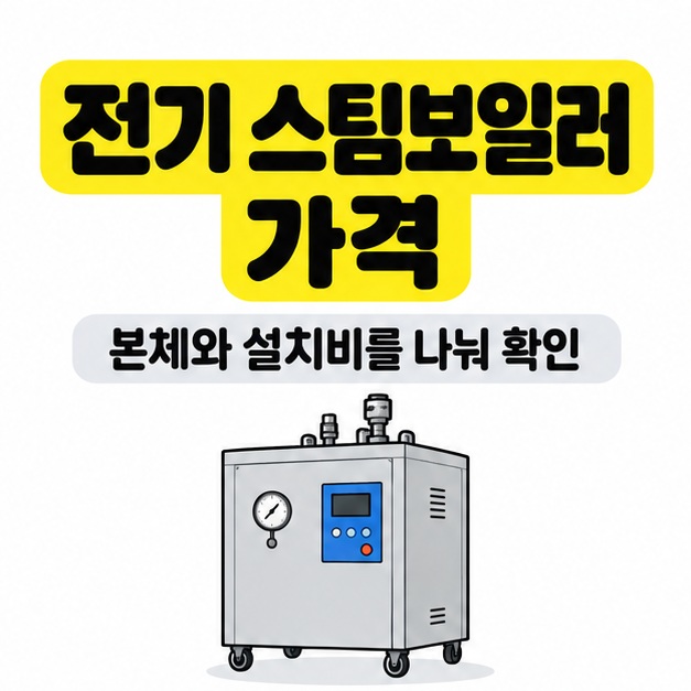 전기 스팀보일러 가격과 본체와 설치비를 나눠 확인이라는 문구 아래 압력계와 파란 제어 패널 및 바퀴가 있는 은회색 캐비닛형 보일러를 그린 대표 이미지