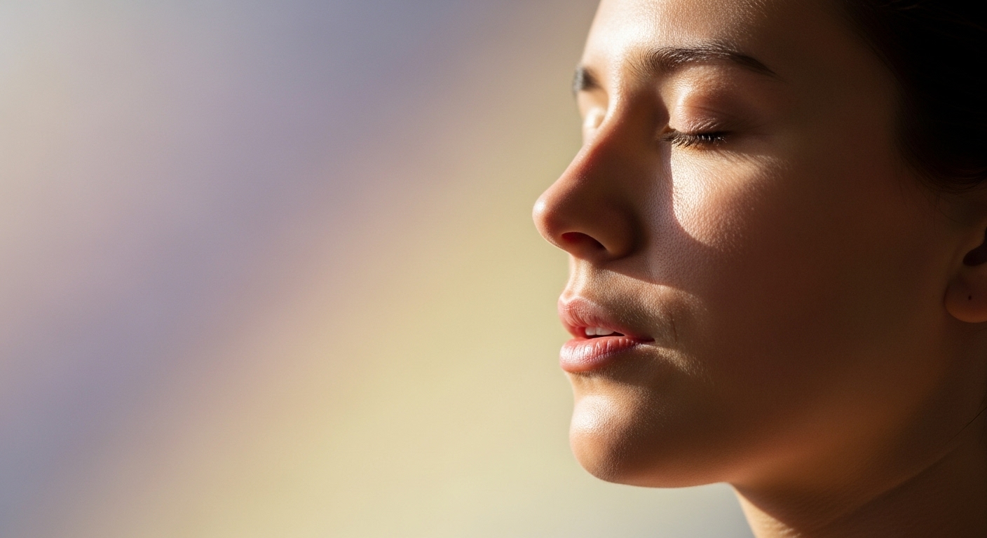 고요한 표정으로 눈을 감고 깊은 호흡에 집중하는 사람의 얼굴, 마인드풀니스 호흡 명상 이미지