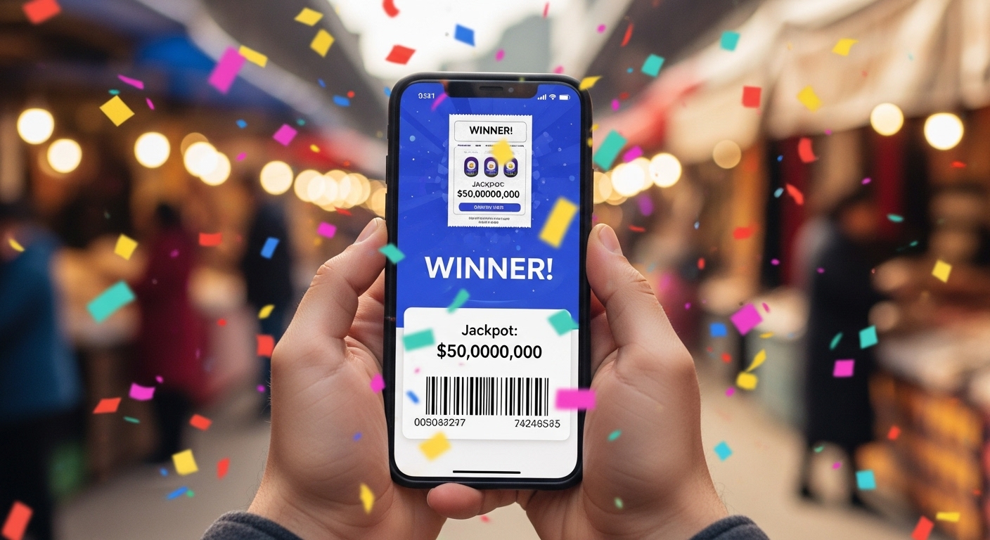 스마트폰으로 상생 소비 복권 2차 당첨을 확인하며 기뻐하는 모습.