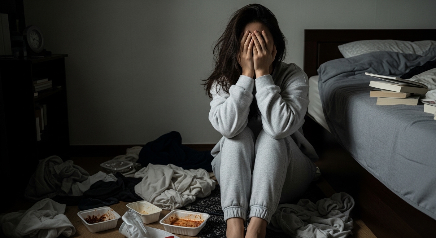 흐트러진-방-바닥에-주저앉은-한국인-20대-여성-손으로-얼굴을-가린-모습