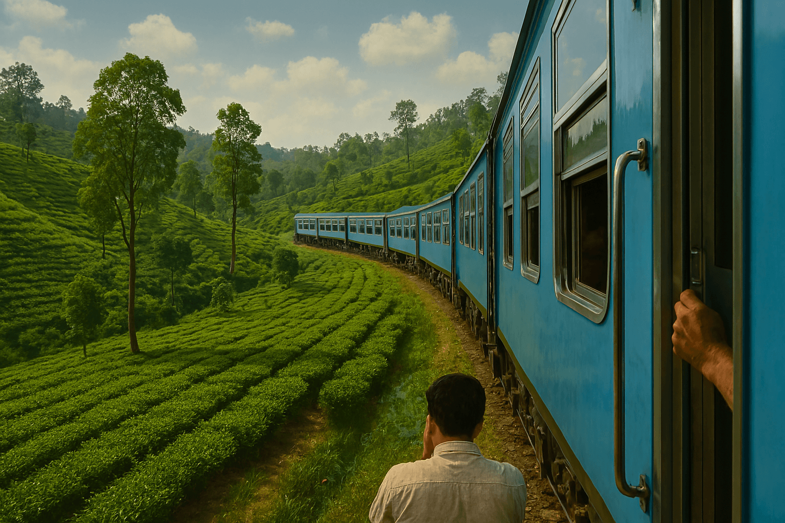 오래된 기차의 창문 너머로 보이는 스리랑카의 광활한 차밭 풍경. 녹색 물결이 끝없이 이어지고, 간간이 보이는 작은 마을과 언덕이 조화를 이룬다