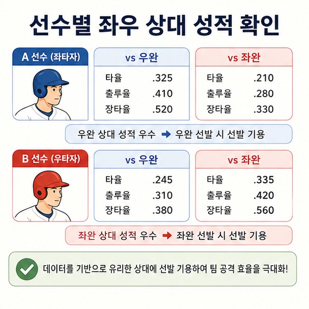선수별 좌완과 우완 투수 상대 성적을 비교해 더 유리한 타자를 선발로 기용하는 플래툰 운영 방식 이미지