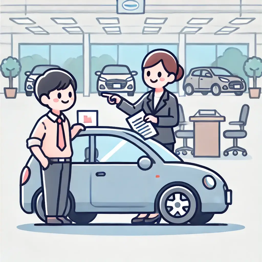 초보 운전자가 차량 매장에서 다양한 모델을 고르는 장면.