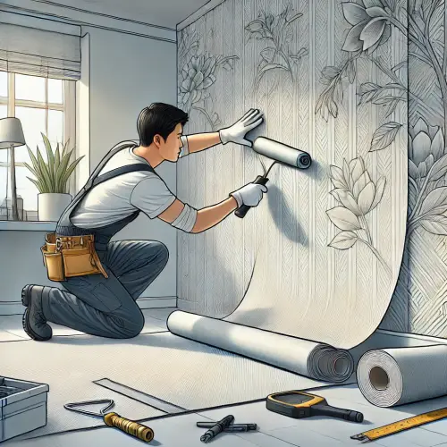 남자가 벽에 도배하는 모습