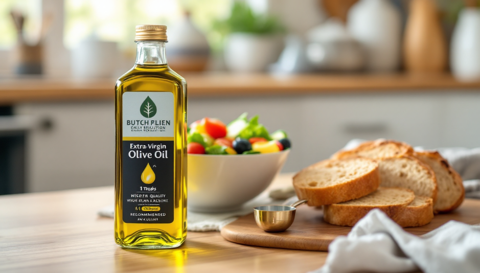 일상에서 엑스트라버진 올리브오일을 샐러드와 빵과 함께 적정량 섭취하는 건강한 식습관 장면