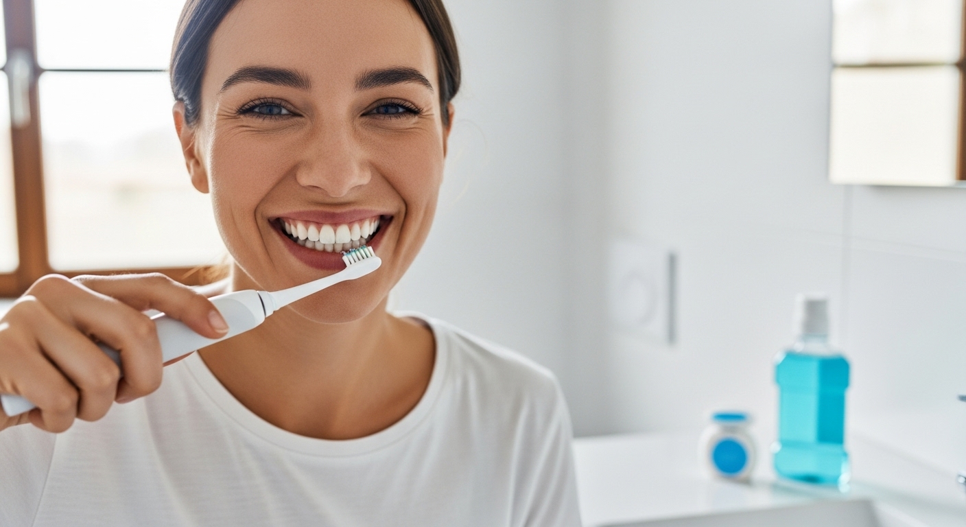 밝고 환한 미소를 지으며 양치하는 사람. 치아 시술 후 꾸준한 구강 위생 관리의 중요성을 나타냅니다.