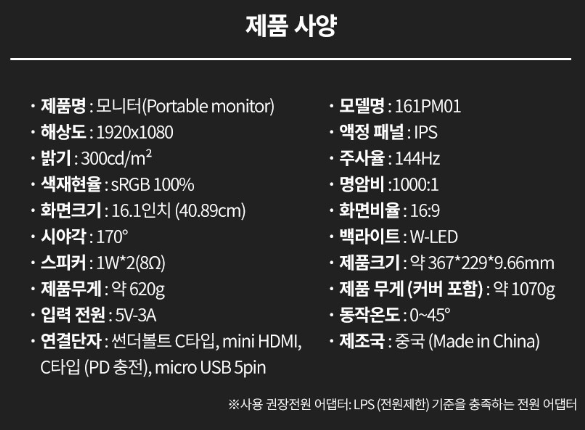 161PM01 모니터 제품 사양