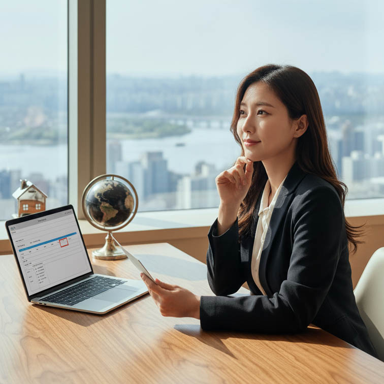 신한증권 ISA 만기자금을 연금계좌로 이체하며 절세 방법을 상담하는 직장인 여성, 금융사무실 배경