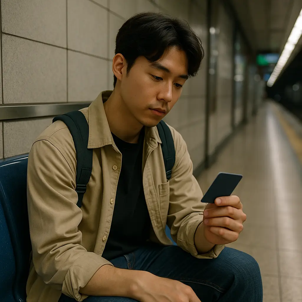 서울 지하철 벤치에서 교통카드를 바라보는 청년
