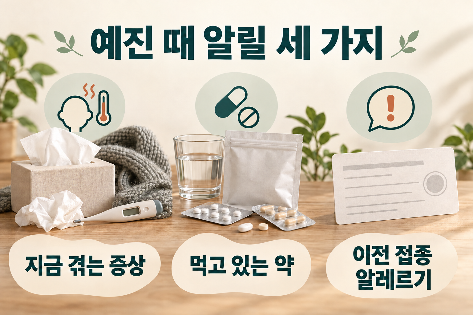 현재 감기 증상과 감기약 이름, 이전 접종 알레르기를 알리는 세 가지 항목