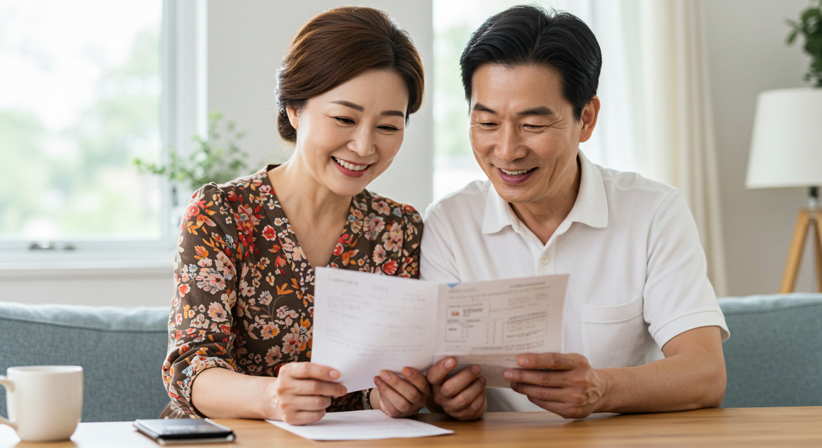 퇴직연금 확인 중인 중년 부부 이미지